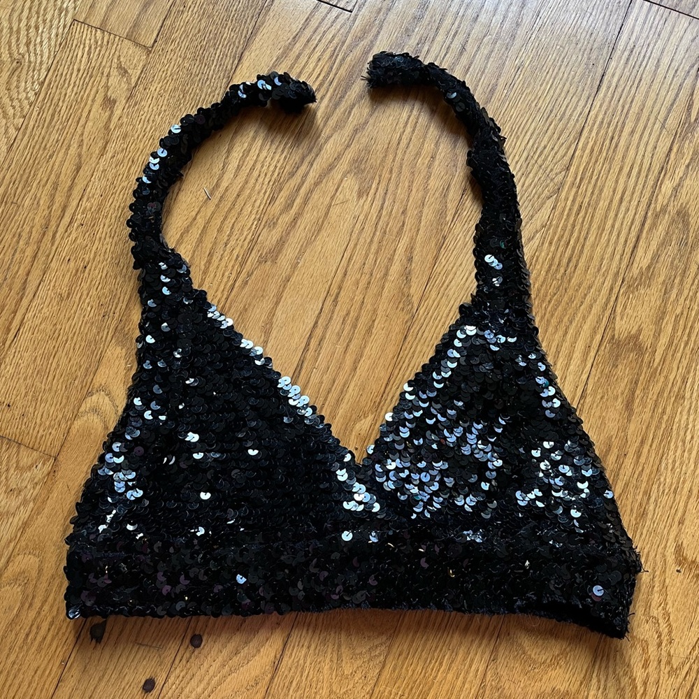 black sequin halter bra top